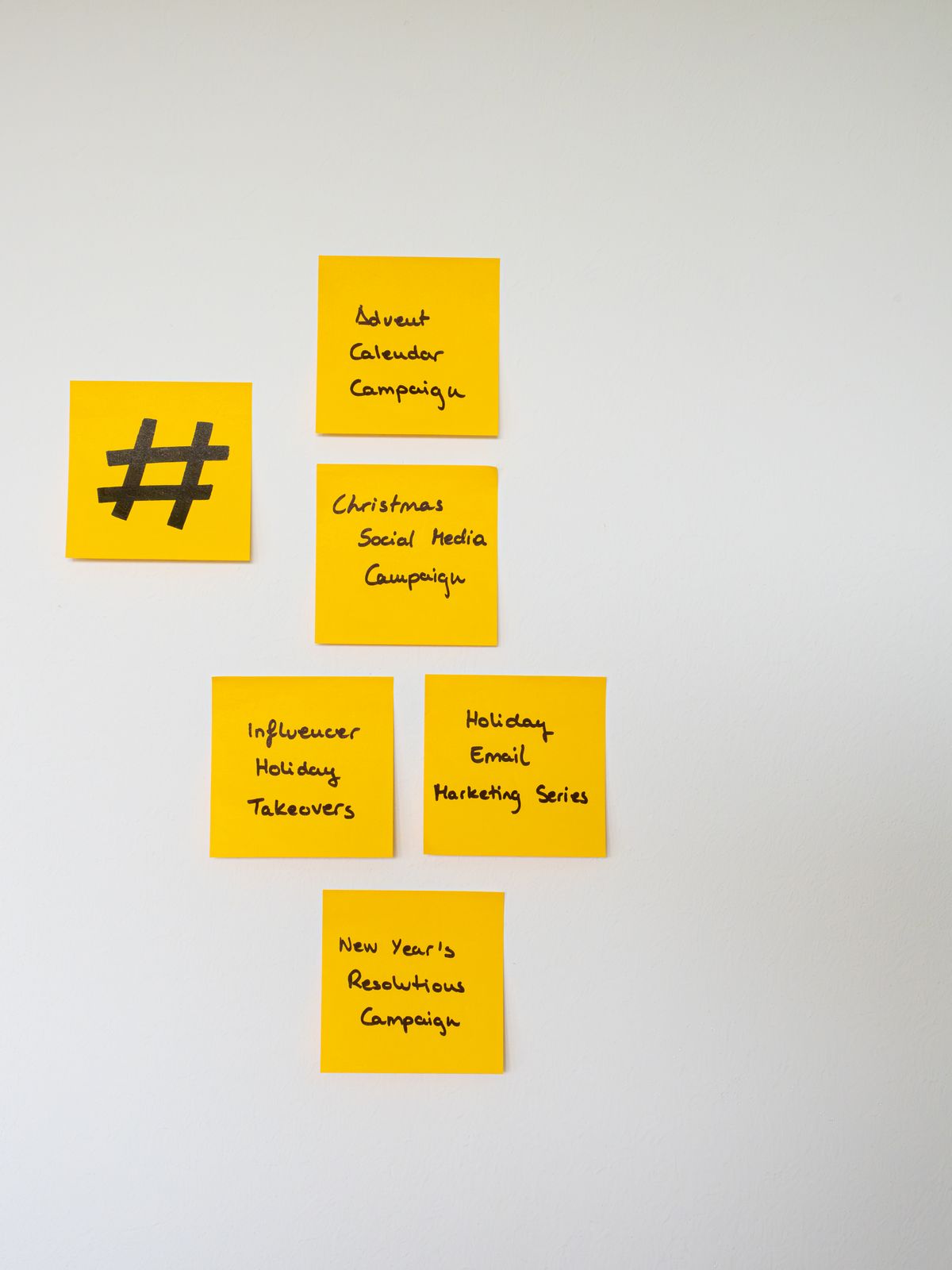 Ide konten kampanye media sosial ditulis di sticky notes kuning